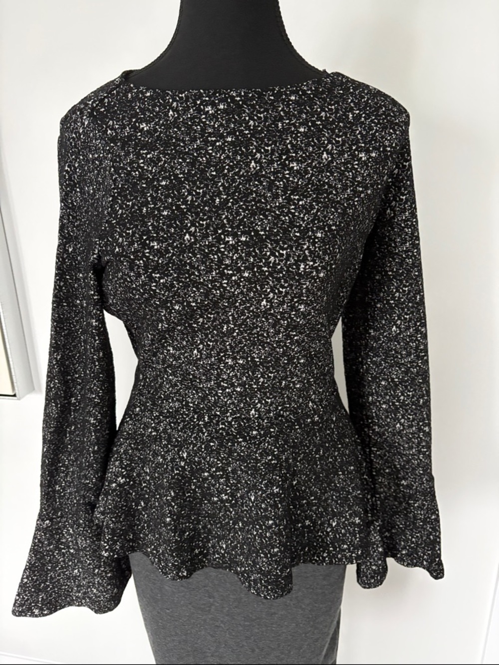 Black & White Speckled Peplum Long Sleeve Top